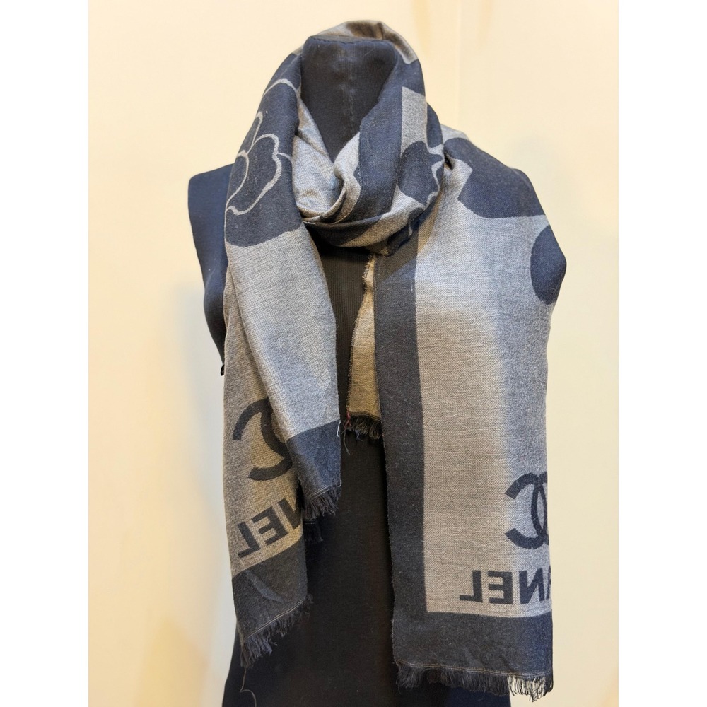 Chanel Camellia CC Logo Scarf Grey Black Silk Wool Blend Made in Italy Wrap